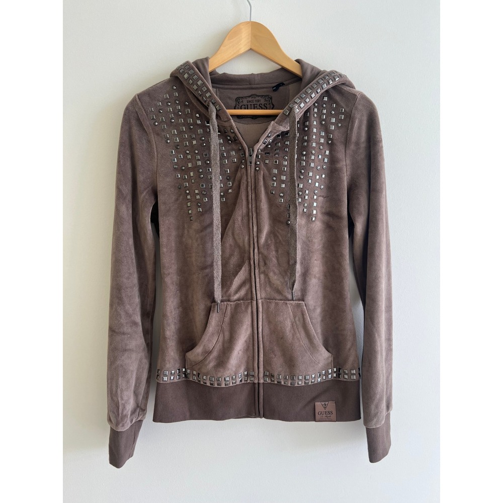 Guess LA Medium Taupe Velour Studded Zip Hoodie Y2K Rhinestone‎ 2000s Loungewear